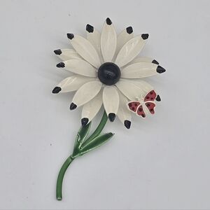 STUNNING VINTAGE ESTATE MCM ENAMELED FLOWER BUTTERFLY 3 3/8" BROOCH!
